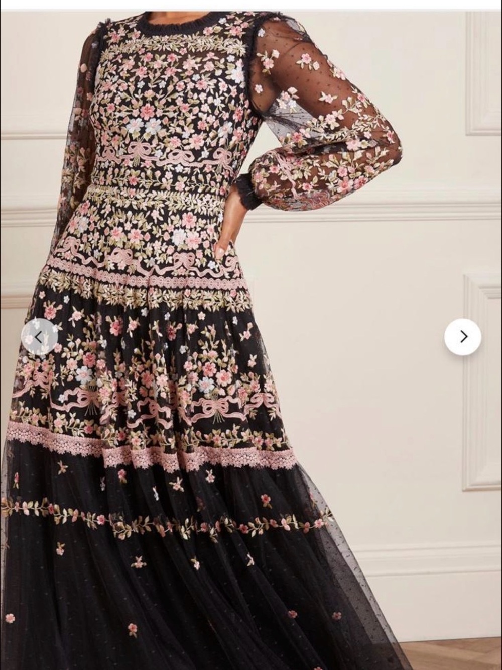 Needle & Thread Black Maxi Dress with Pink and Cream Floral Embroidery
